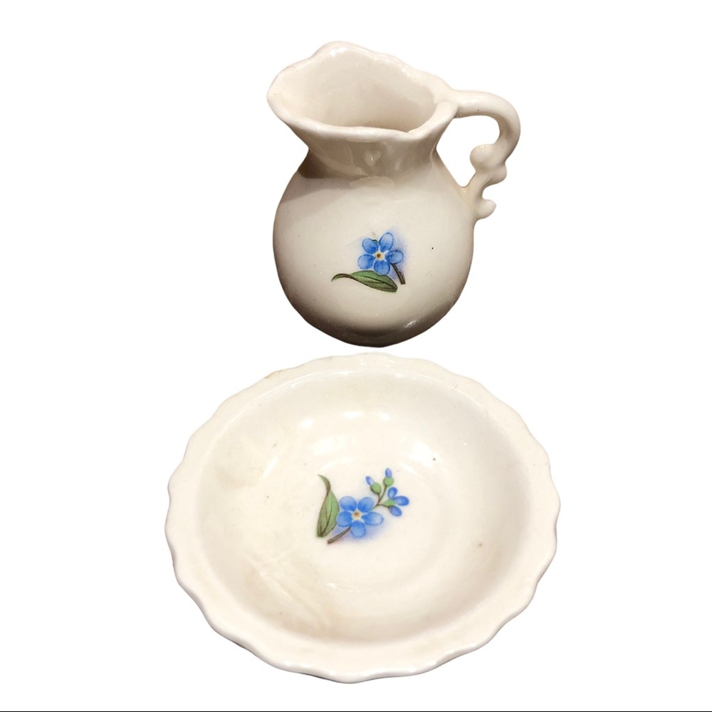 Minature Porcelain Pitcher Basin Doll House Furniture Signed Alaska State Flower